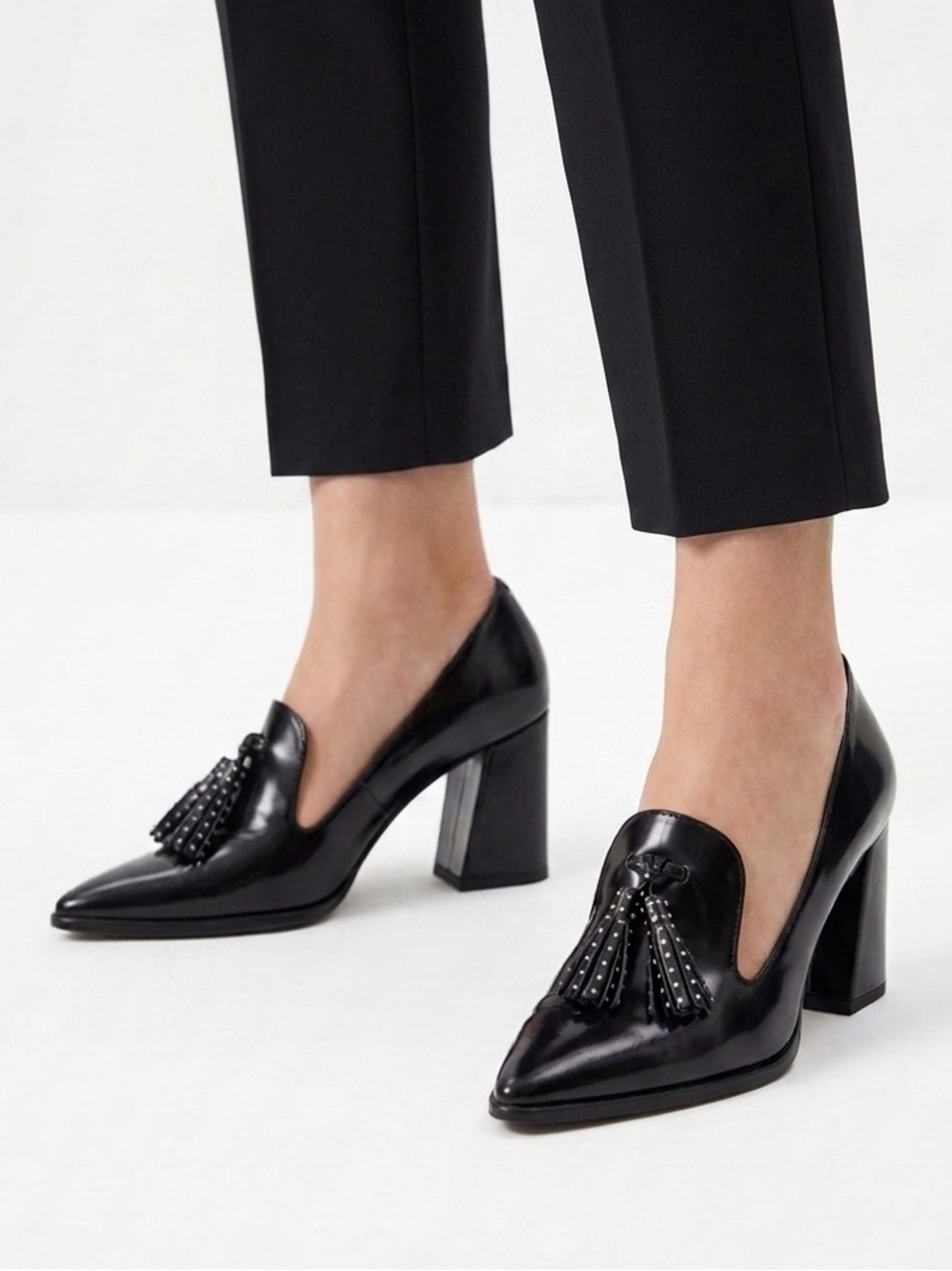Stuart Weitzman Black Leather Studded Tassel Block Heel Loafer Pumps - US 7.5